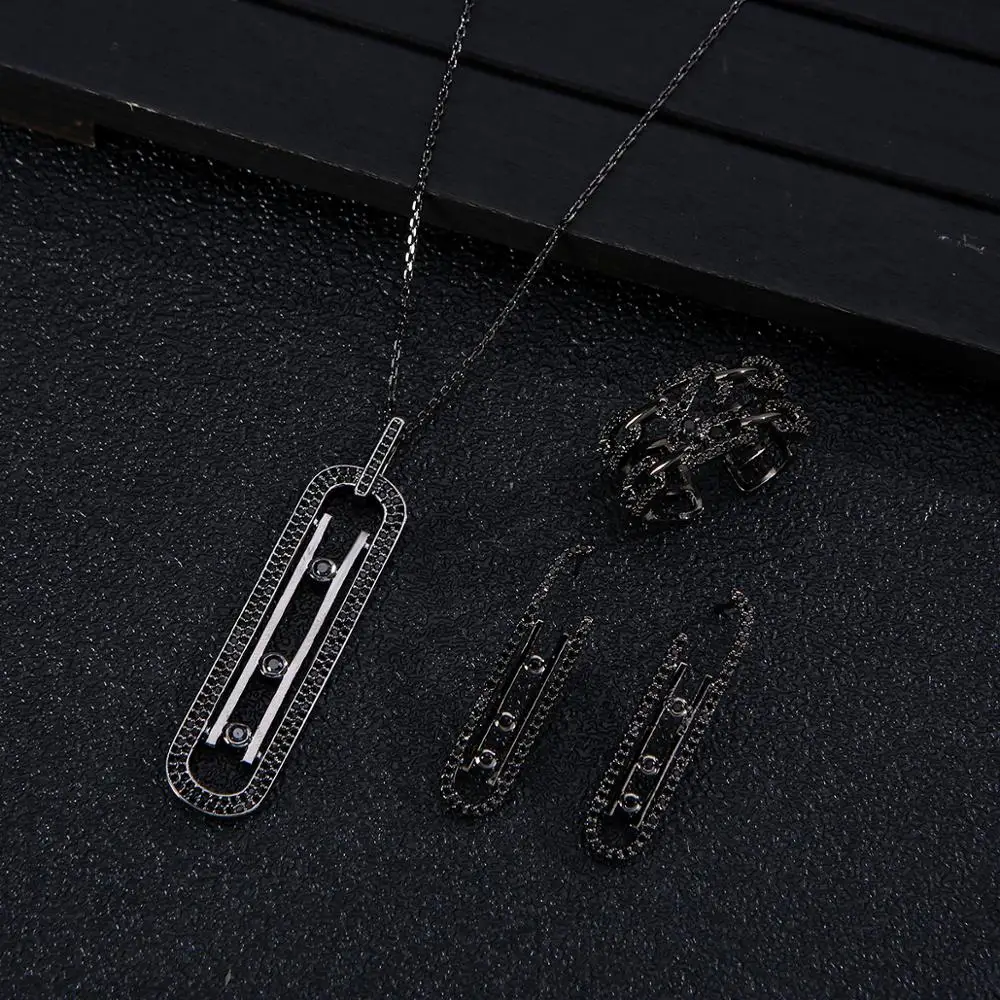 Luxury Geometry Link Stackable Pendant Necklace Earring ring set Beautiful Full Cubic Zircon Charm Women  Jewelry Gift e9361