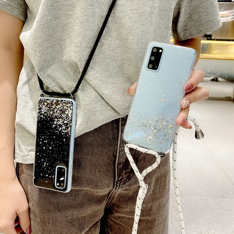 With Neck Strap Rope Cord Clear Glitter Case For Samsung Galaxy S23 Ultra S22 S20 S21 FE A54 A53 A52 5G A72 A73 A14 5G A71 Case