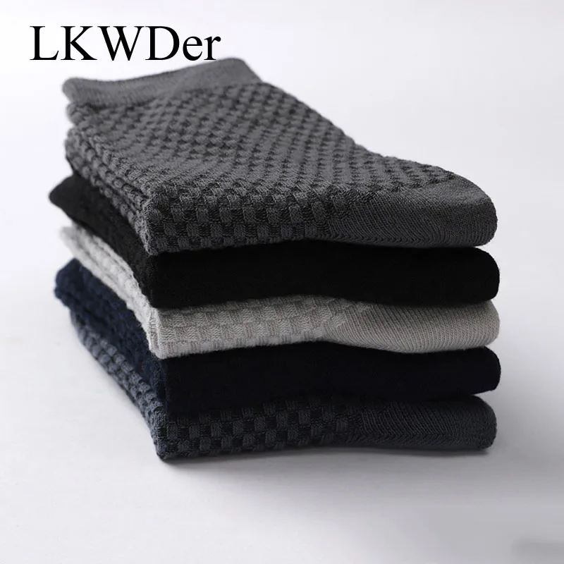 LKWDer 5 Pairs Men Bamboo Fiber High Quality Solid Color Business Casual Sock Breathable Deodorant Casual Socks Checkered No Box