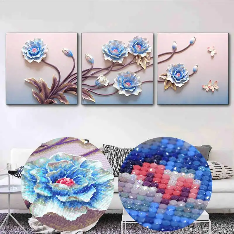 AB Diamond DIY New Crafts Diamond Embroidery Full Diamond Mural for Decoration Blue Flowers 3 Pieces Special Diamond Painting