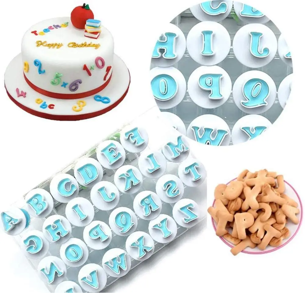 62PCS Alphabet Letter Fondant Cake Biscuit Mold, Cookie Stamp Impress Embosser Cutter Numbers Cake Mold Cake Decorating Toools