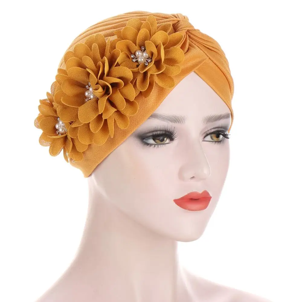 Turbante con volantes y flores para Mujer, gorros musulmanes elásticos con perlas, accesorios para el cabello, gorro indio, Turbante