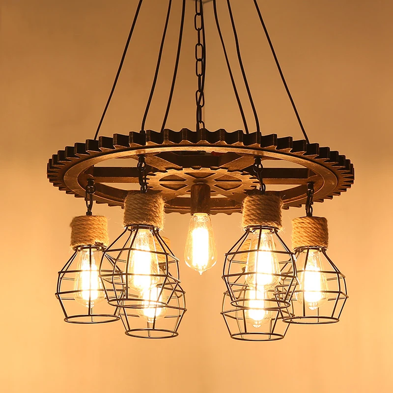 American Loft Retro Industrial Light Coffee Bar Restaurant Chandelier Hemp Rope Gear Pendant Lamp e27 Kitchen Light Fixtures