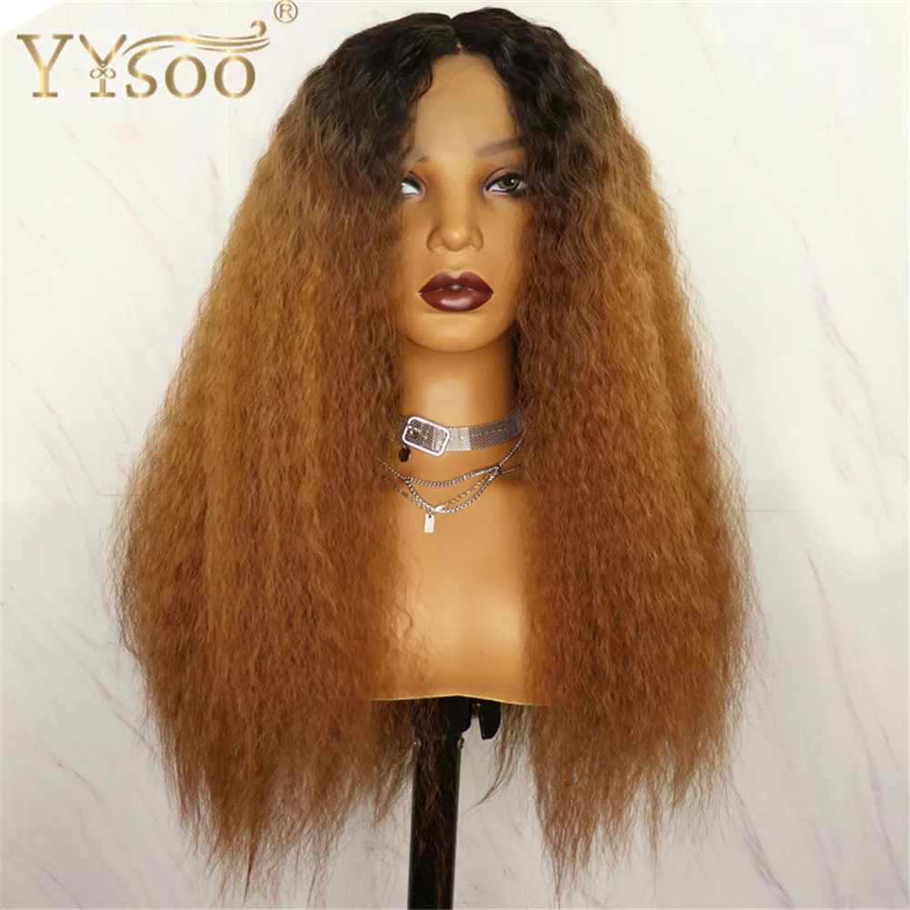 YYsoo1b/30 Two Tone Yaki Straight Futura Synthetic Hair T Part Wig Dark Roots Ombre Glueless Kinky Straight Wig Natural Hairline