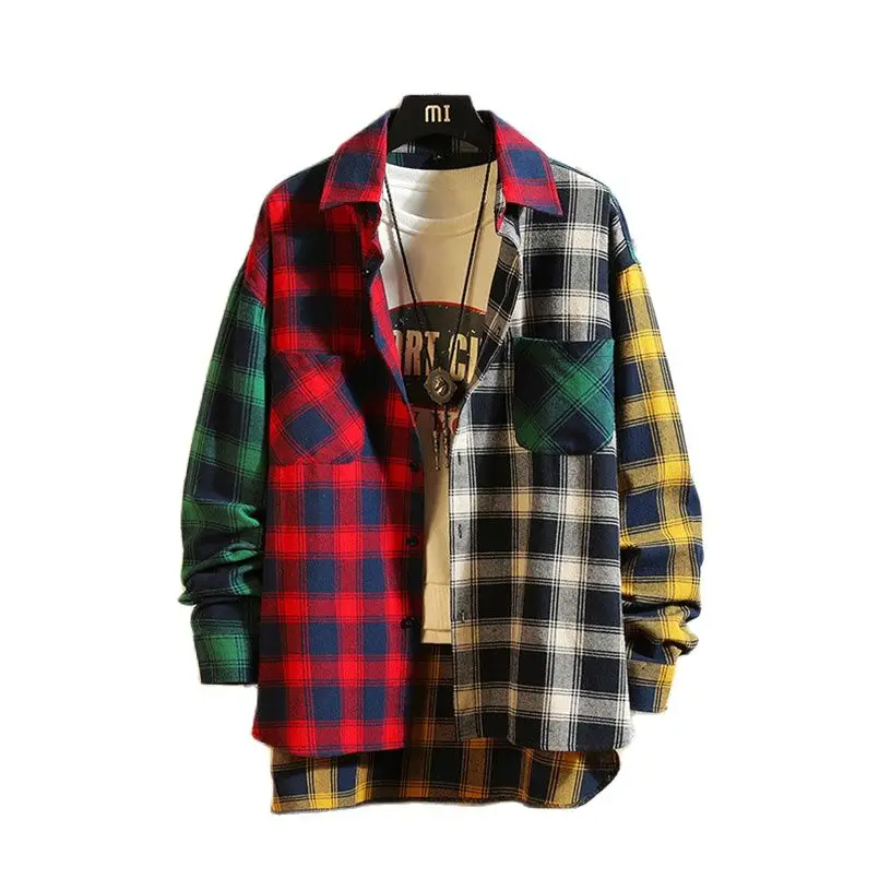 Extend Back Shirt Men Plaid Long Sleeve Hiphop Patchwork Casual Shirts Hip Hop Cotton Clothing 2023 Fashion Streetwear Autumn