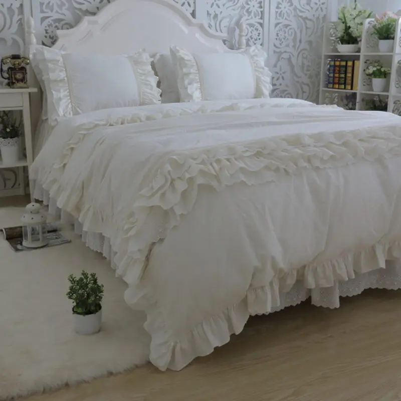 Amazing luxury bedding set king size embroidery big ruffle lace layer duvet cover bedspread princess bed linen pillowcase HM-02W