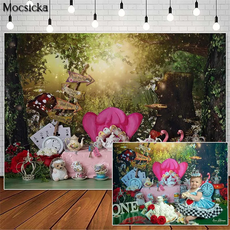 

Mocsicka Wonderland Tea Party Cake Smash Photography Backdrops Princess Girl Birthday Photo Props Studio Booth Background