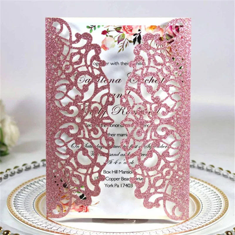 Glitter pink lace invitation card customized insert card printing floral design festival event party decoration supply