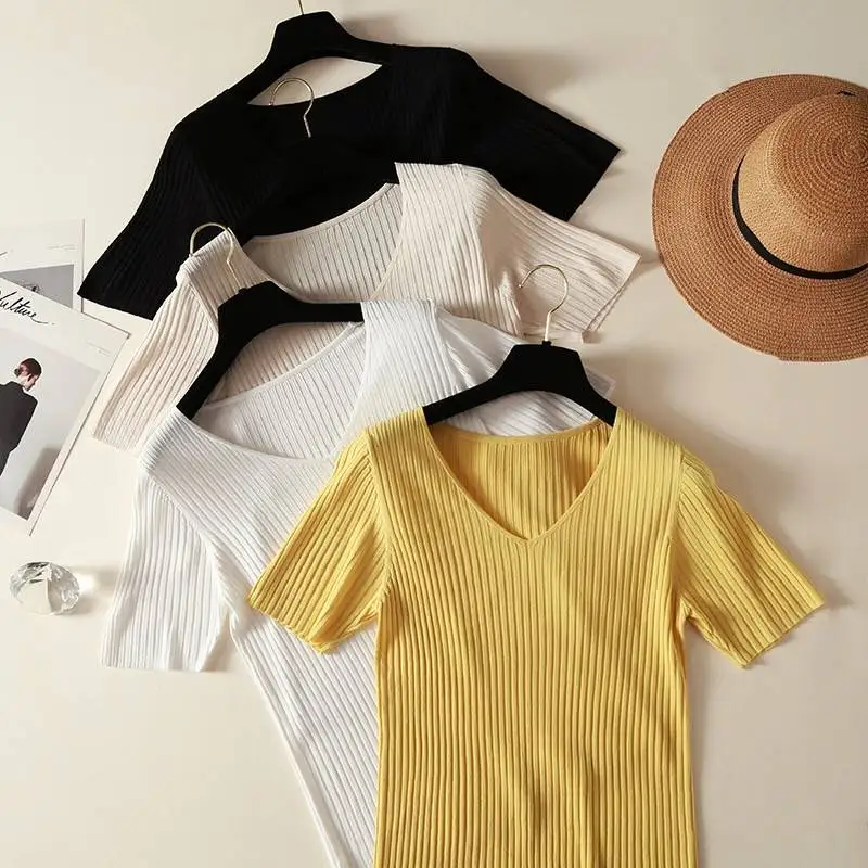AOSSVIAO 2026 Basic V-Ausschnitt Einfarbiger Dünner Sommer Damen Pullover Weiblicher Dünner Gerippter Strickpullover Schlanker Kurzarm Bodycon Pullover – Detail 4