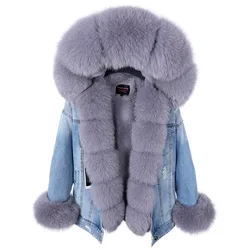 2025Maomaokong natural rabbit fur lined denim jacket light grey fox fur coat fashion denim coat  warm lady winter women parka