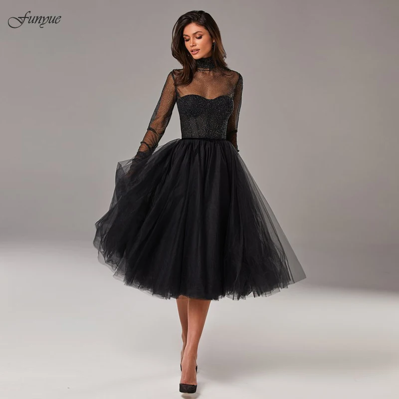 Vestidos para baile de graduación ilusión, Vestidos negros de manga larga de tul, escote de corazón, Fiesta de bienvenida, noche, graduación