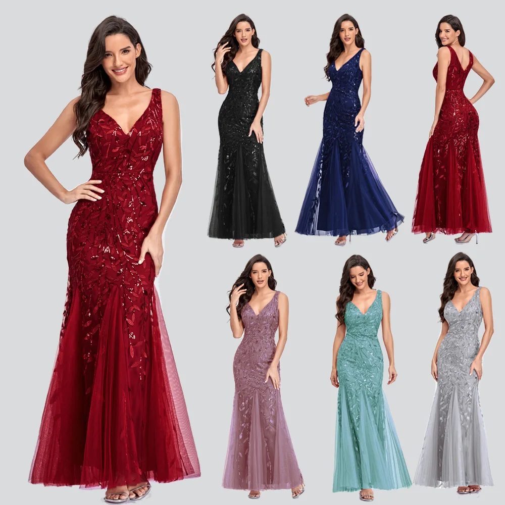 Mesh Lace Evening Dresses V Neck Embroidered Sequins Slim Prom Gowns Custom Made Floor Length Mermaid Special Occasion Dress