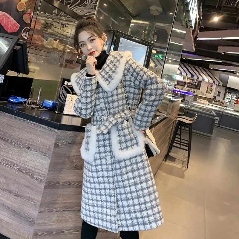 Winter Plaid Wool Long Coat Feminine Temperament Thousand Bird Lattice Small Fragrance Medium Long Thickened Lace Up Coat Female