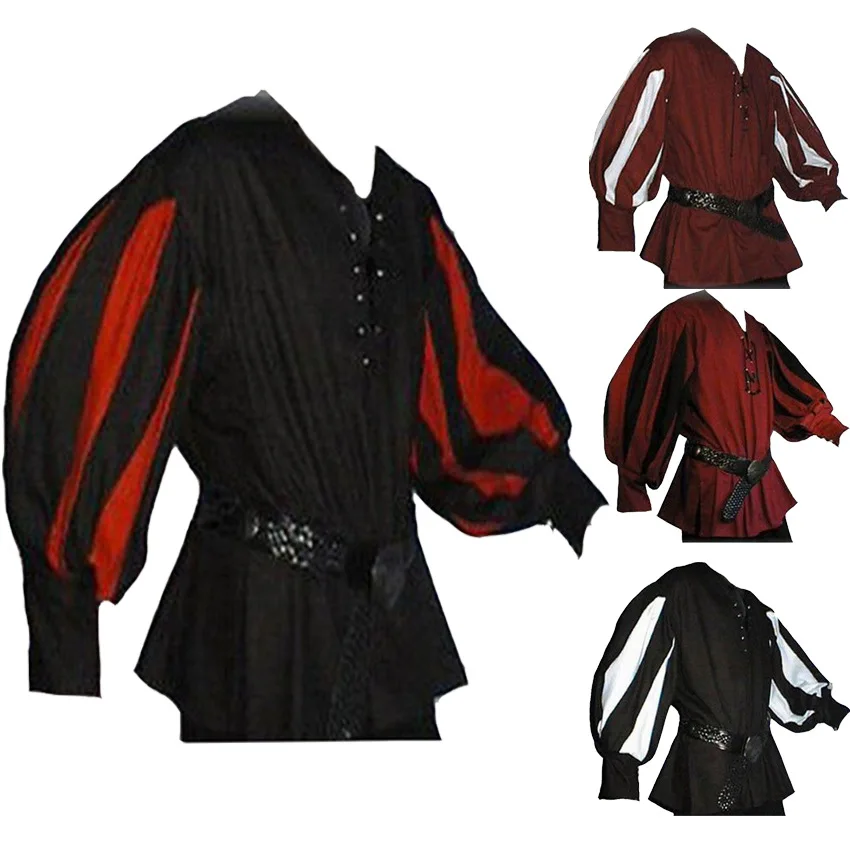 Camisa tipo túnica de caballero guerrero Medieval para hombre, traje de pirata Larp con cinturón, Top negro con cordones, ropa para Paladin de talla grande