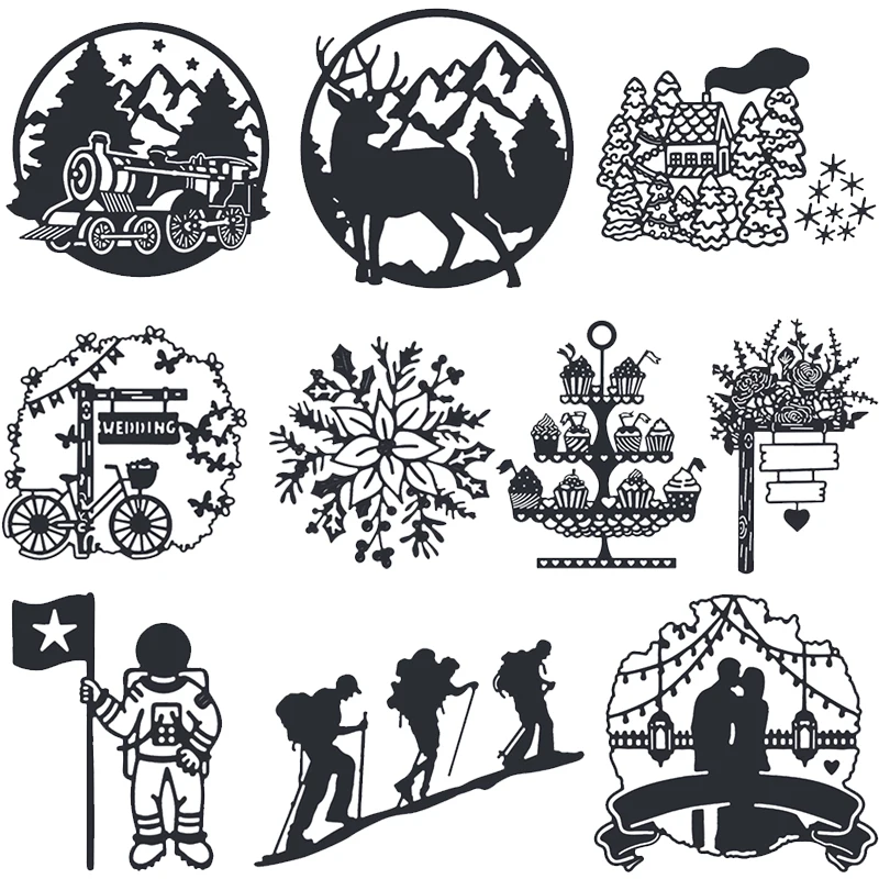 Astronaut Climber Couples Metal Cutting Dies Train Deer House Wedding Flowers Decor Silhouettes DIY Scrapbooking Craft Paper