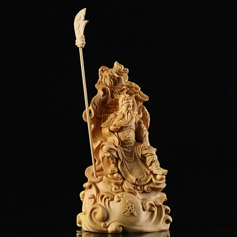 Hand-Carved Wooden Seated Guan Yu with Dragon Motif Statue - Exquisite Chinese Style Decorative Figurine