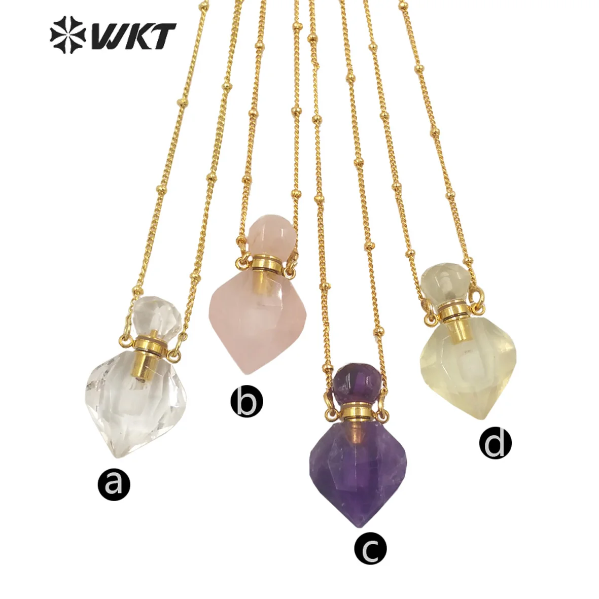 WT-N1358 Luxury Natural Stone Pink Quarzt Perfume Bottle Necklace Amethysts Peach Heart Perfume Bottle Necklace Crystal Jewelry