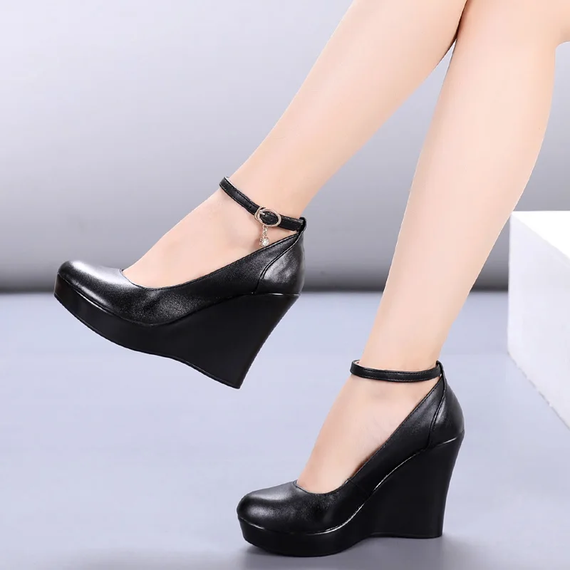 Fashion Ankle Strap High Wedges Platform Pumps For Women Casual Genuine Leather Black Work Shoes High Heels