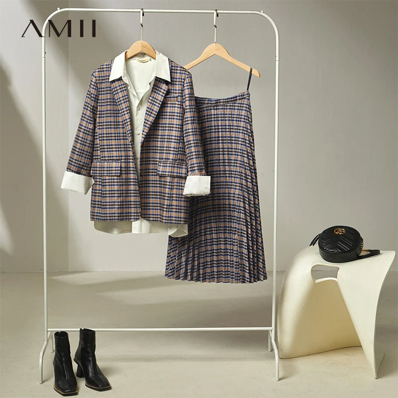 Amii Minimalism Women\'s  Elegant Plaid Blazer Skirt Office Lady Suit Coat High Waist Long Skirts Female Dress s 12141217