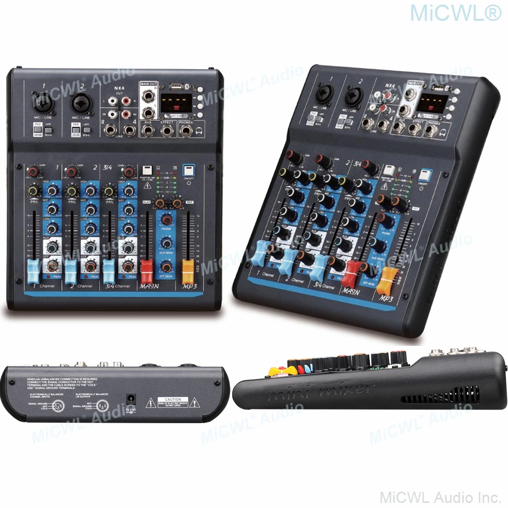 호스트 판매 x 4 블루투스 4 채널 오디오 믹싱 콘솔, DJ 믹서 유선 무선 마이크 무대 공연 스튜디오 녹음