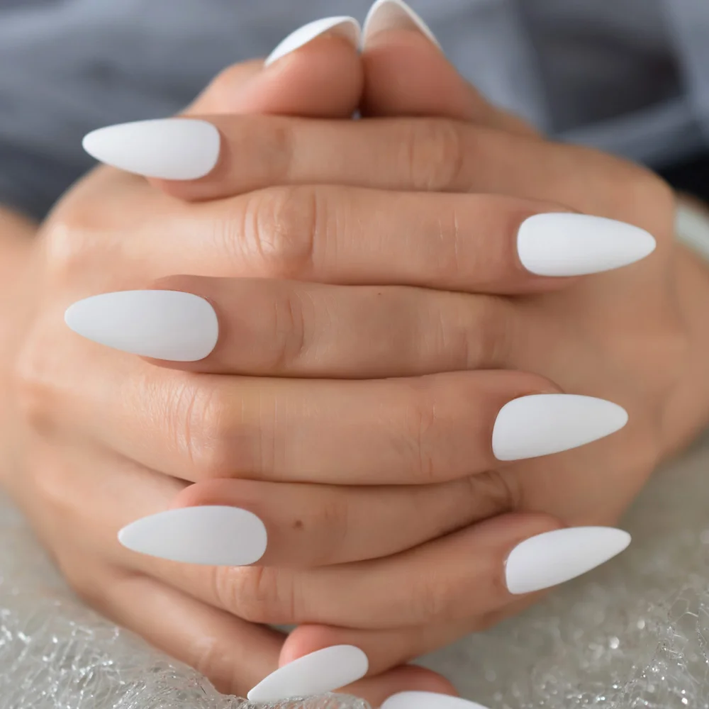 Branco prego adesivos stiletto forma de alta qualidade unhas artificiais dicas de unhas médio fosco falso unhas