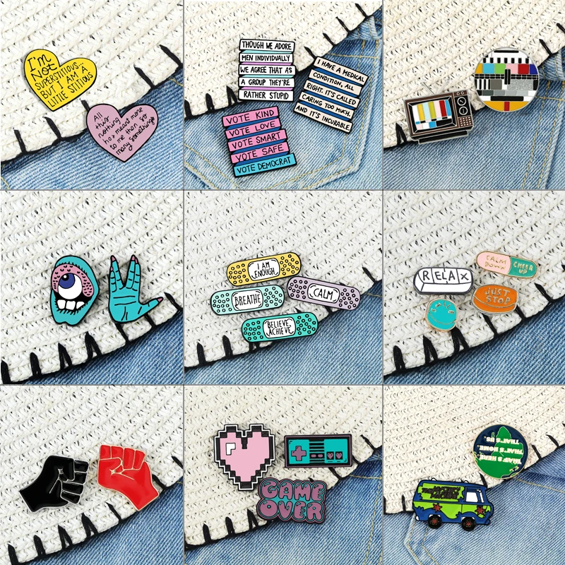 2~4pcs/set Cartoon Brooches Band-aid Letter Love Heart Old TV Pill Enamel Lapel Pins Game Over Raised Fist Badge Fashion Jewelry