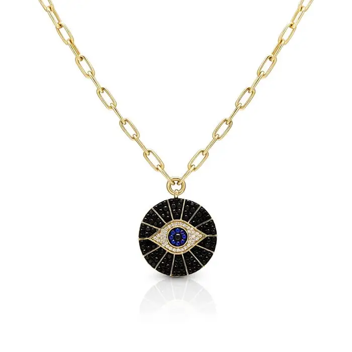 blue turquoises black cubic zirconia cz paved geometric round coin turkish evil eye pendant women necklace with open link chain