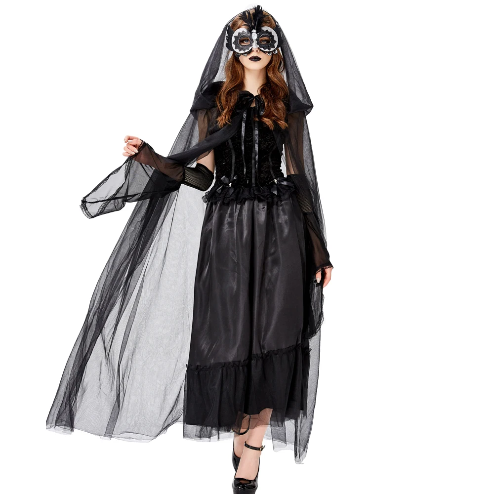 

Mittelalterlichen Sexy Gothic Hexe Mit Kapuze Kleid Frauen Halloween-kostüme Vampire Hexe Partei Maskerade Langes Kleid