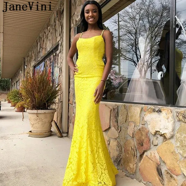 Janevini laço amarelo vestido de baile vestidos 2020 longo trompete sereia senhoras cintas espaguete sem costas formal festa à noite vestidos