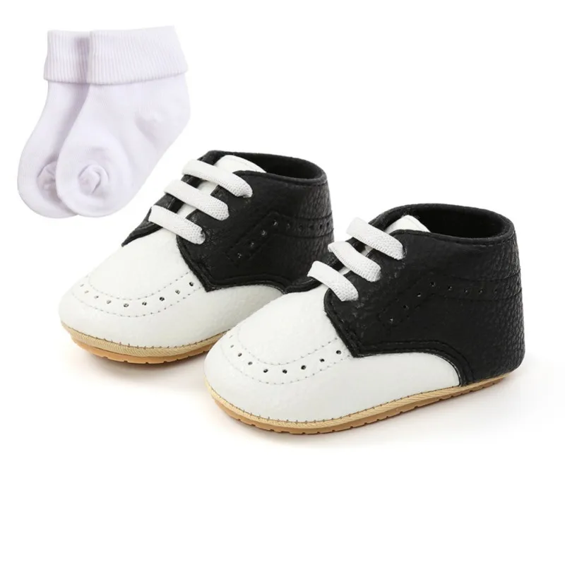 Newborn Infant Toddler Baby PU Lace-up shoes Soft Bottom Anti-slip First Walkers Prewalker baby boy girl shoes with socks 0-18M