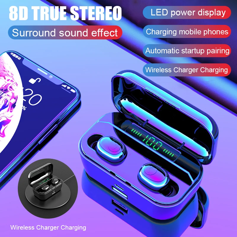 New Bluetooth Earphone Wireless Headphone LED Power Display Music Headset Sport Earbud Wireless Charging With 3500mAh Power Bank