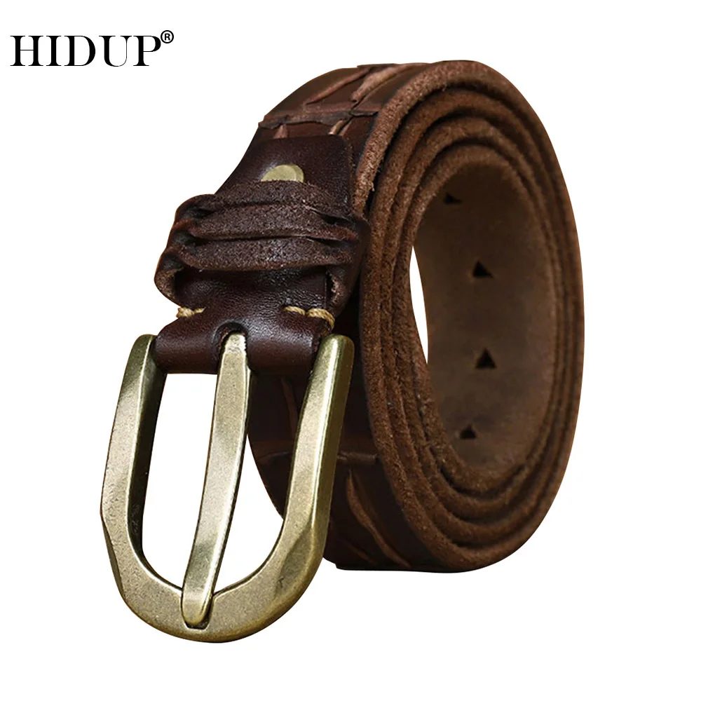 

HIDUP Unique Design Retro Styles Cowskin Leather Belt Brass Buckle Handmake 100% Solid Cowhide Belts Jeans Accessories NWJ1088