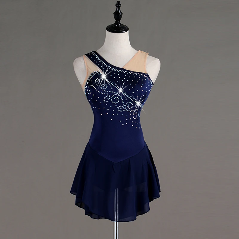 Figure Skating Dress Women girl Ice Skating Dress navy blue Gymnastics Costume custom rhinestone  B152