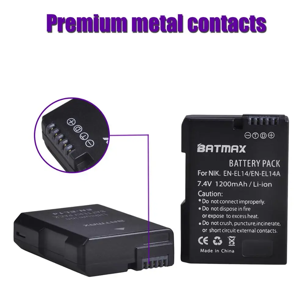 Batmax EN-EL14 EN-EL14A Battery+LED Dual Charger with Type C Port for Nikon DF D3100 D3200 D3300 D3400 D3500 D5600 D5100 D5200