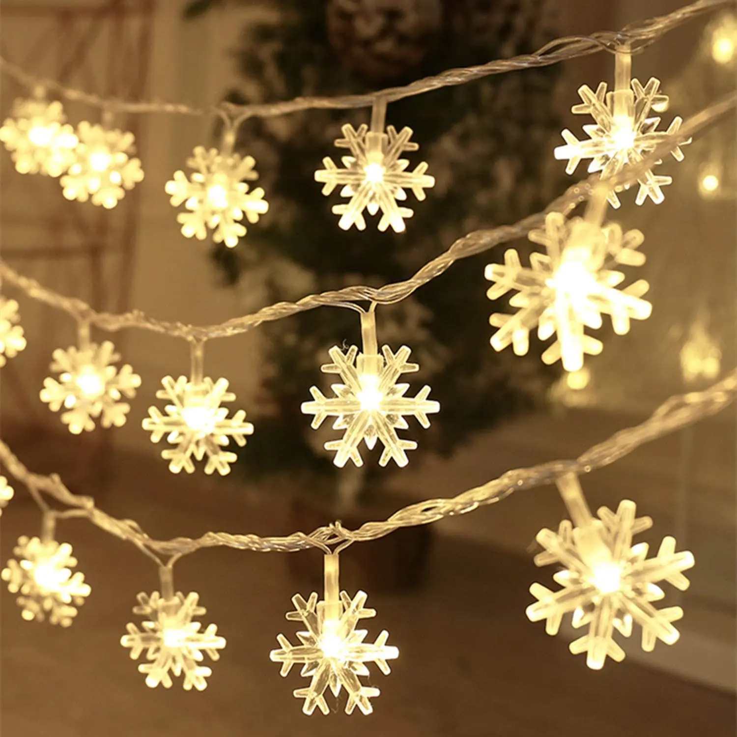 Cadena de luces con forma de copo de nieve, adornos navideños, decoración de Nochevieja 2024, 10/20M, FUNCIONA CON ENCHUFE, Día de San Valentín/boda, 2025