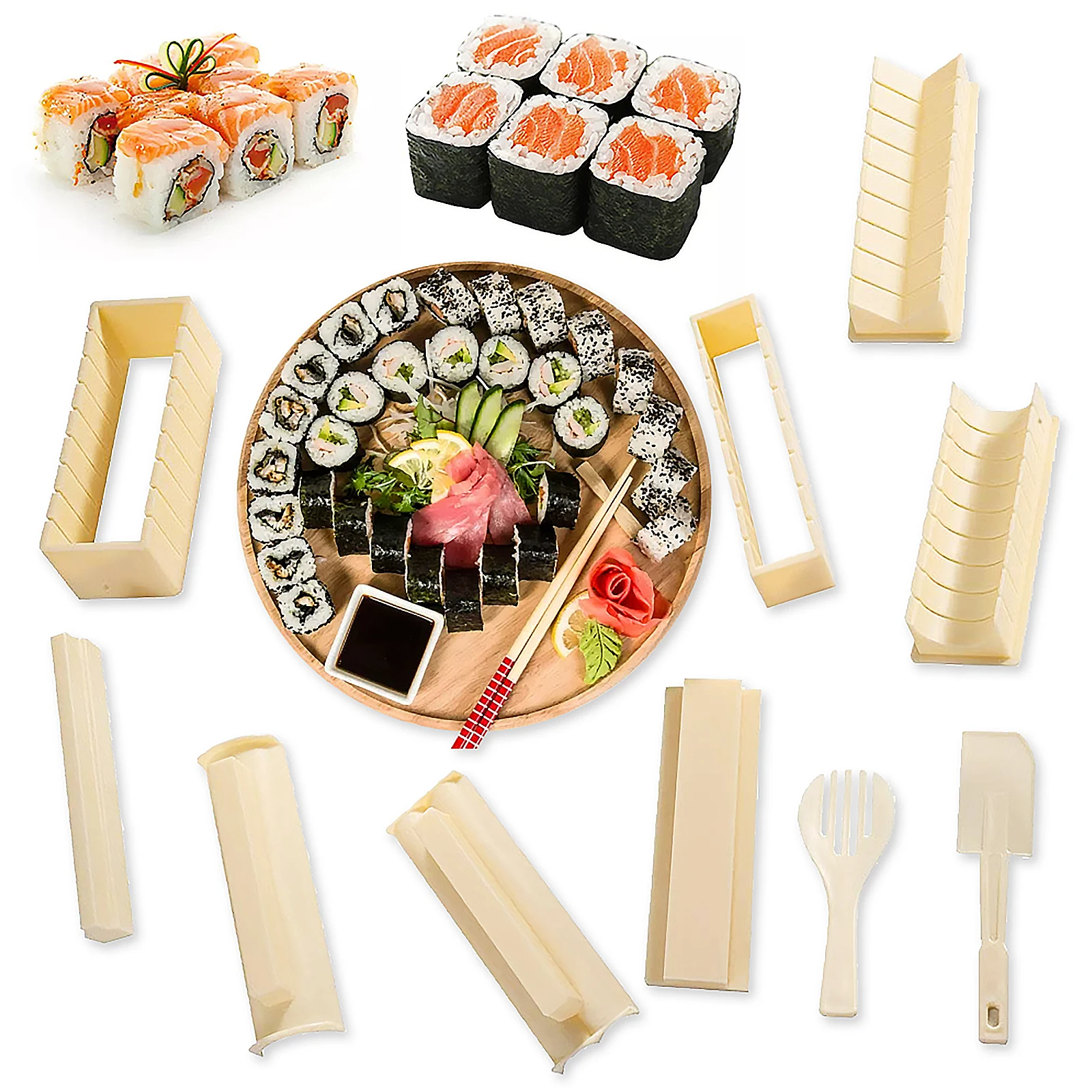 10 Pieces Plastic DIY Home Sushi Maker Tool Sushi Making Kit Complete with Sushi Rice Roll Mold Shapes Fork Spatula White 