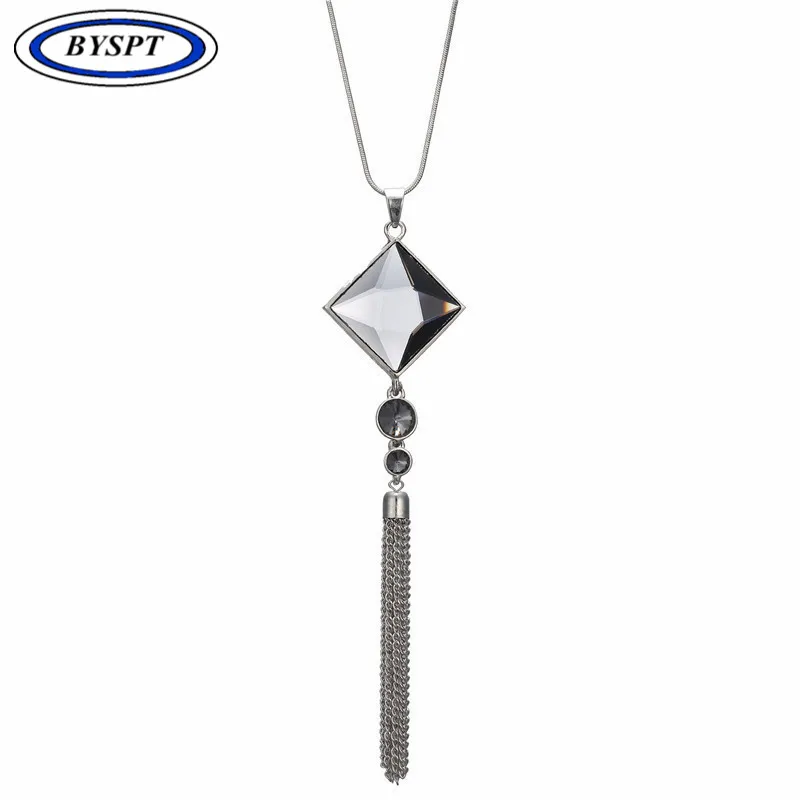 BYSPT Square Crystal Pendant Long Tassel Necklaces Women Fashion Jewelry Wholesale Silver Color Necklace Sweater Chain