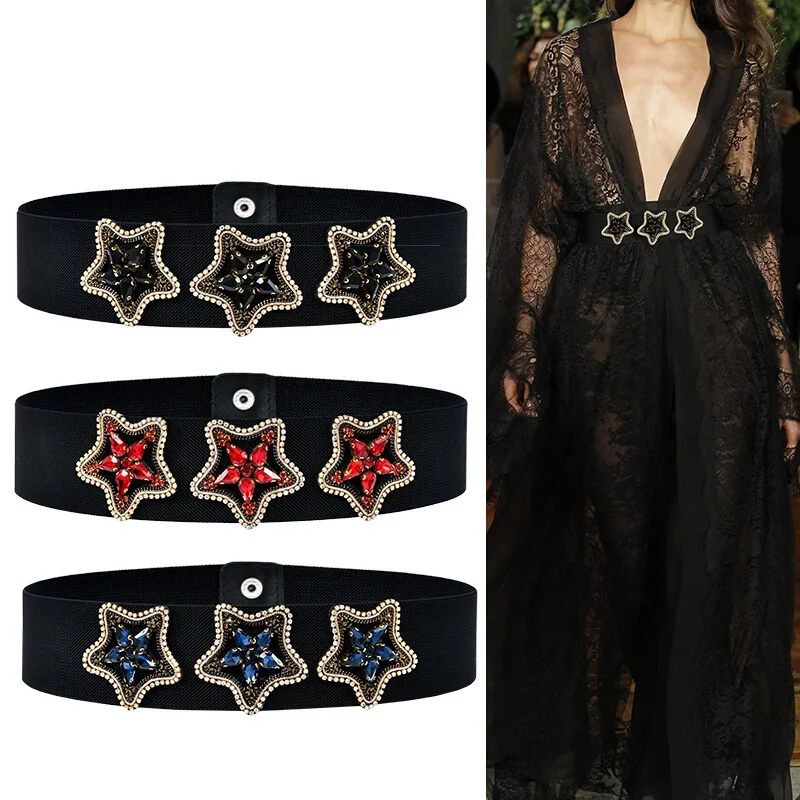 H3496 Women Wide Elastic Waist Belt Pentagonal Star Diamond Decoration Luxury 5cm Width Waist Seal Top Grade Fashion Waistband