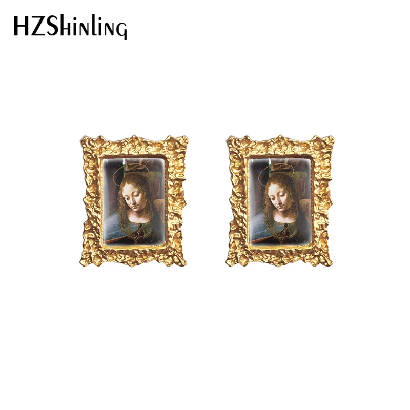 2020 New Vintage Oil Painting Stud Earring Mona Lisa Last Supper Square Earrings Retro Art Printed Glass Dome Jewelry