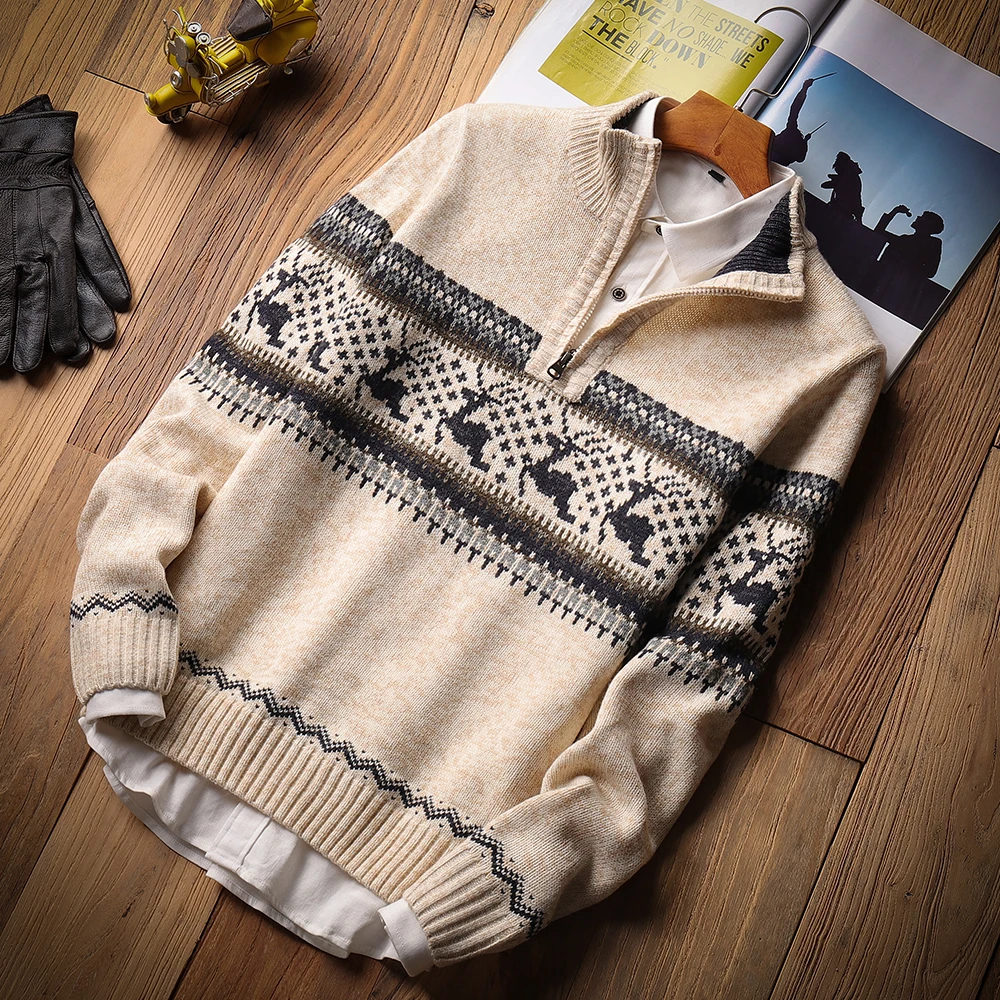 Men Autumn New Casual Jacquard Warm Half Zip Christmas Sweater Cardigan Jacket Men Winter Vintage Mock Neck Sweater Pullover Men