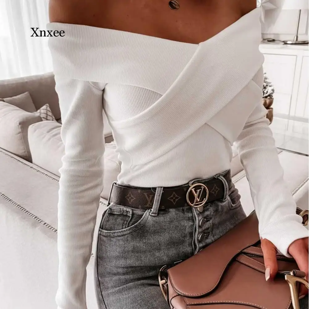 Sexy Off Shoulder Knitted Sweater Women Tube Top V Neck Spring Autumn Pullover Slim Elegant Bandage Cross Jumpers Female Clothes