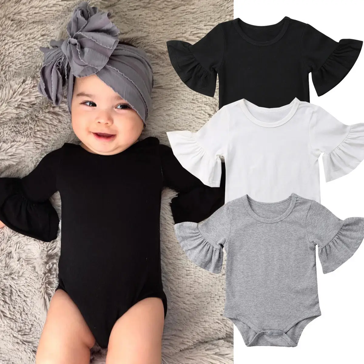 

Autumn Newborn Infants Baby Girls Cotton Romper Flare Sleeve Solid Jumpsuit Outfits Baby Clothes Black White Grey 0-24M