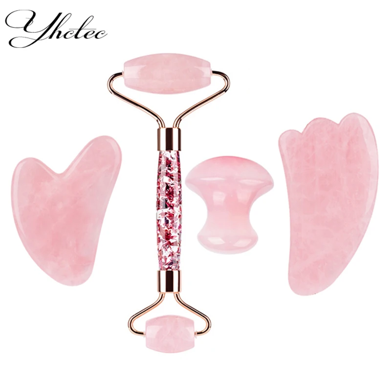 Natural Rose Quartz Resin Eternal Flower Jade Roller Gua Sha Board Set Facial Massager Roller Gouache Scraper Body Massage Tool