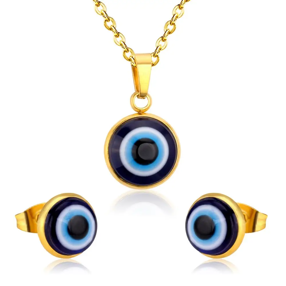 Luxukis skids blaue Augen Edelstahl Schmuck setzt böse Augen Schmuck Gold/Stahl Farbe Anhänger Halskette und Ohrring Sets weiblich