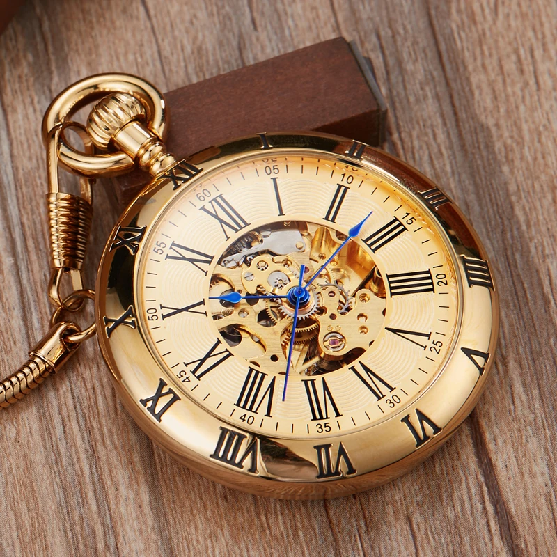 Luxury Copper Gold Automatic Mechanical Pocket Watch Clock Fob Chain Watch Men Roman Numbers Clock High Quality Pocket watches