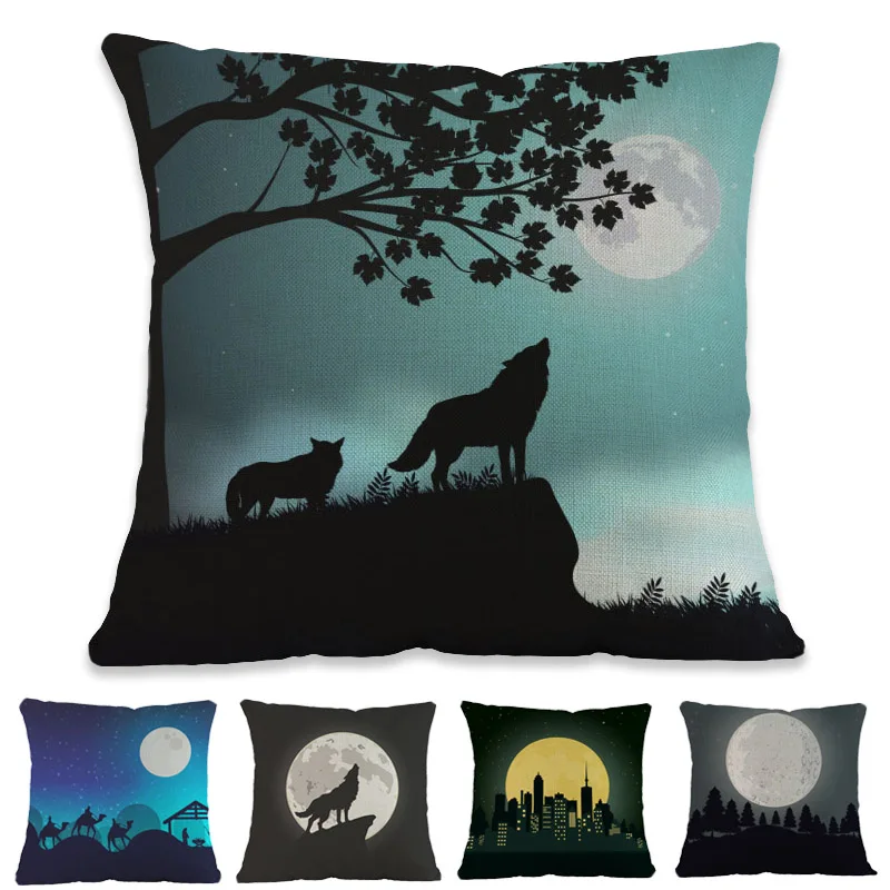 

Moonlight At Night Full Moon Forest City Howl Wolf Pattern Linen Throw Pillow Case Home Sofa Room Decorative Cushion Cover 45x45