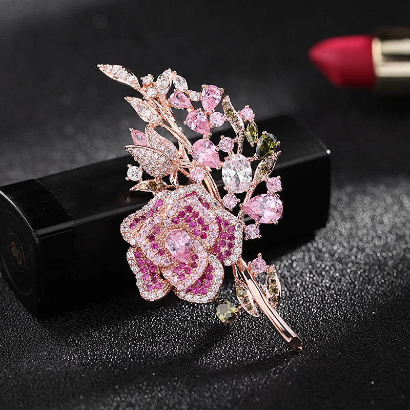 Crystal Flower Brooch Pins Women Pink Flower Broches Plant Elegant Badge Jewelry Fashion Wedding Party Brooch Fashion Gifts