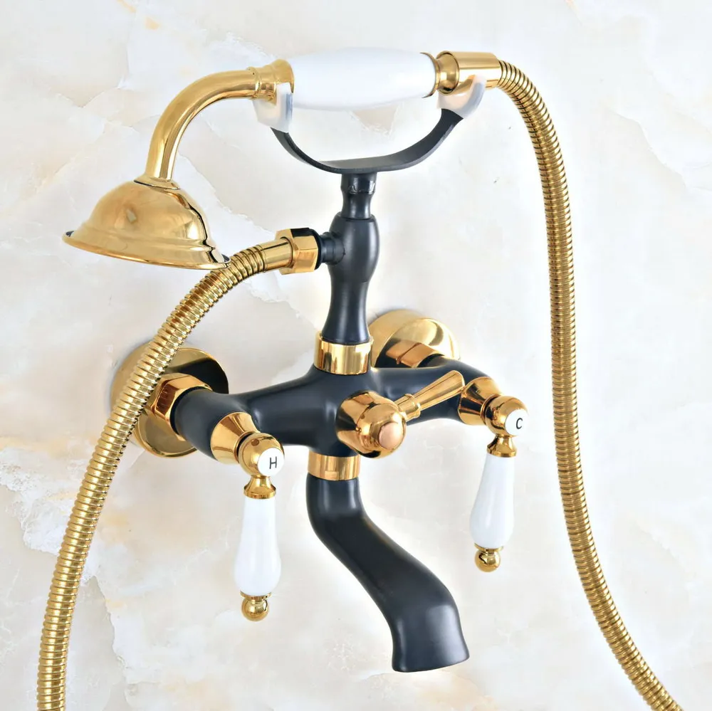 

Black Gold Color Brass Wall Mount Bathtub Faucet Dual Handles Swivel Spout Mixer Tap with Hand Sprayer zna412