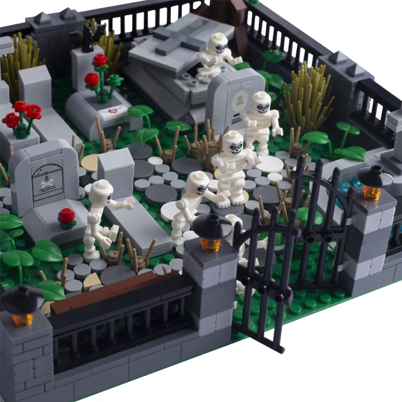 Halloween Tombstone Tomb Graveyard Scene MOC Figure Skeleton Ghost Assemble Accessories Building Blocks Kids Toy Birthday Gift