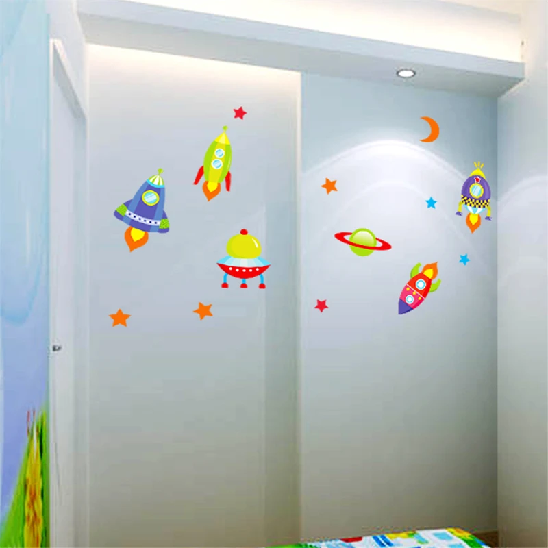 Cartoon Rocket Spaceship Stars Moon Wall Stickers For Kids Room Home Decoration Nursery Mural Art Boys Decals Creative Poster